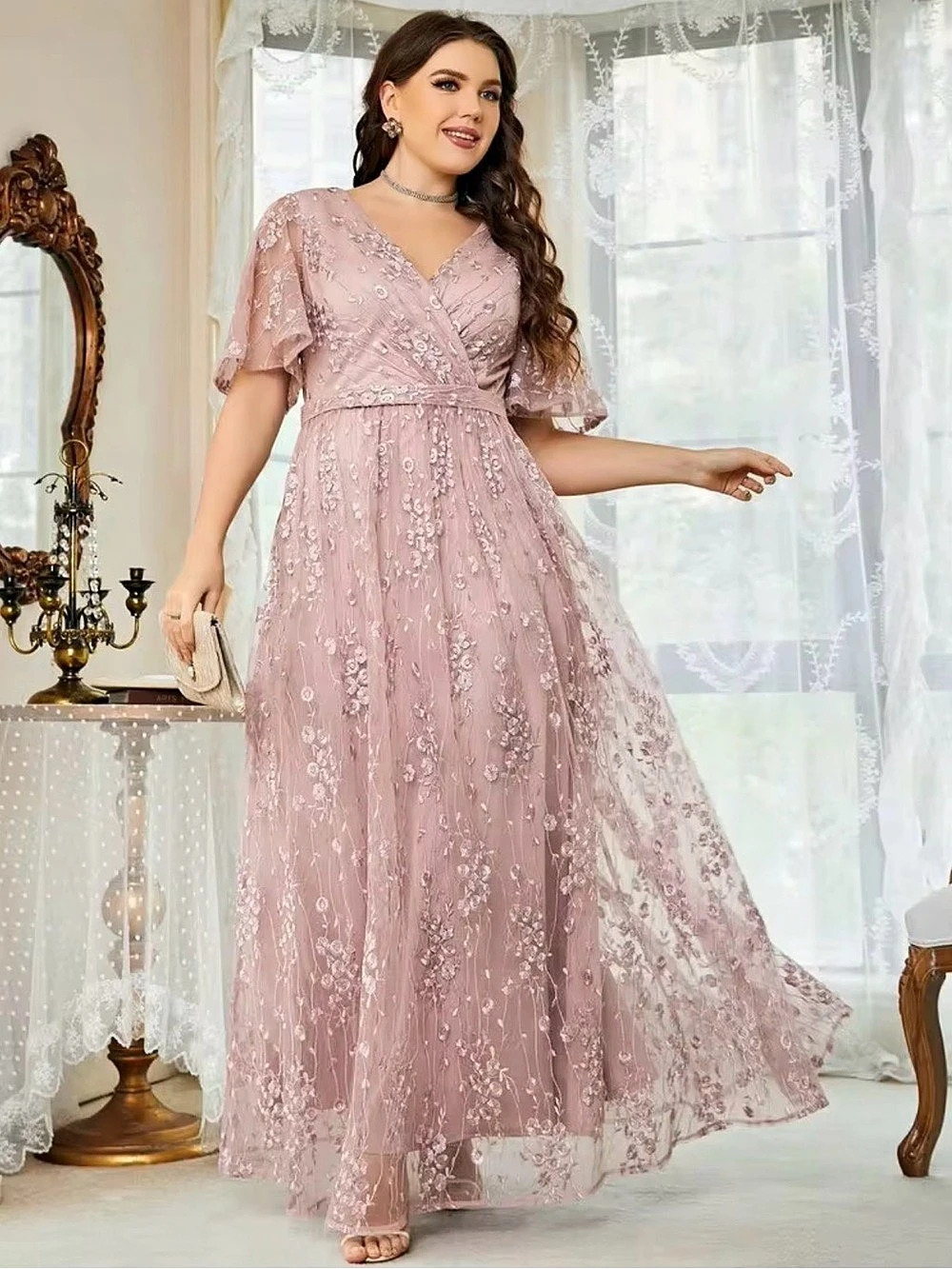 SHEIN CURVE Floral Maxi Dress Pink Size 2XL